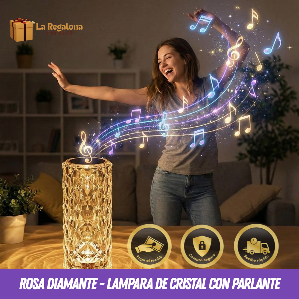 🌹 Rosa Diamante - Lámpara de cristal con parlante 🎶