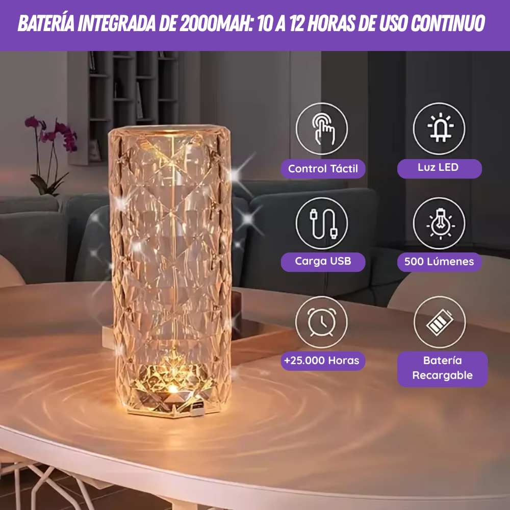 🌹 Rosa Diamante - Lámpara de cristal con parlante 🎶