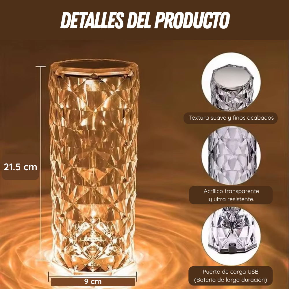 🌹 Rosa Diamante - Lámpara de cristal con parlante 🎶